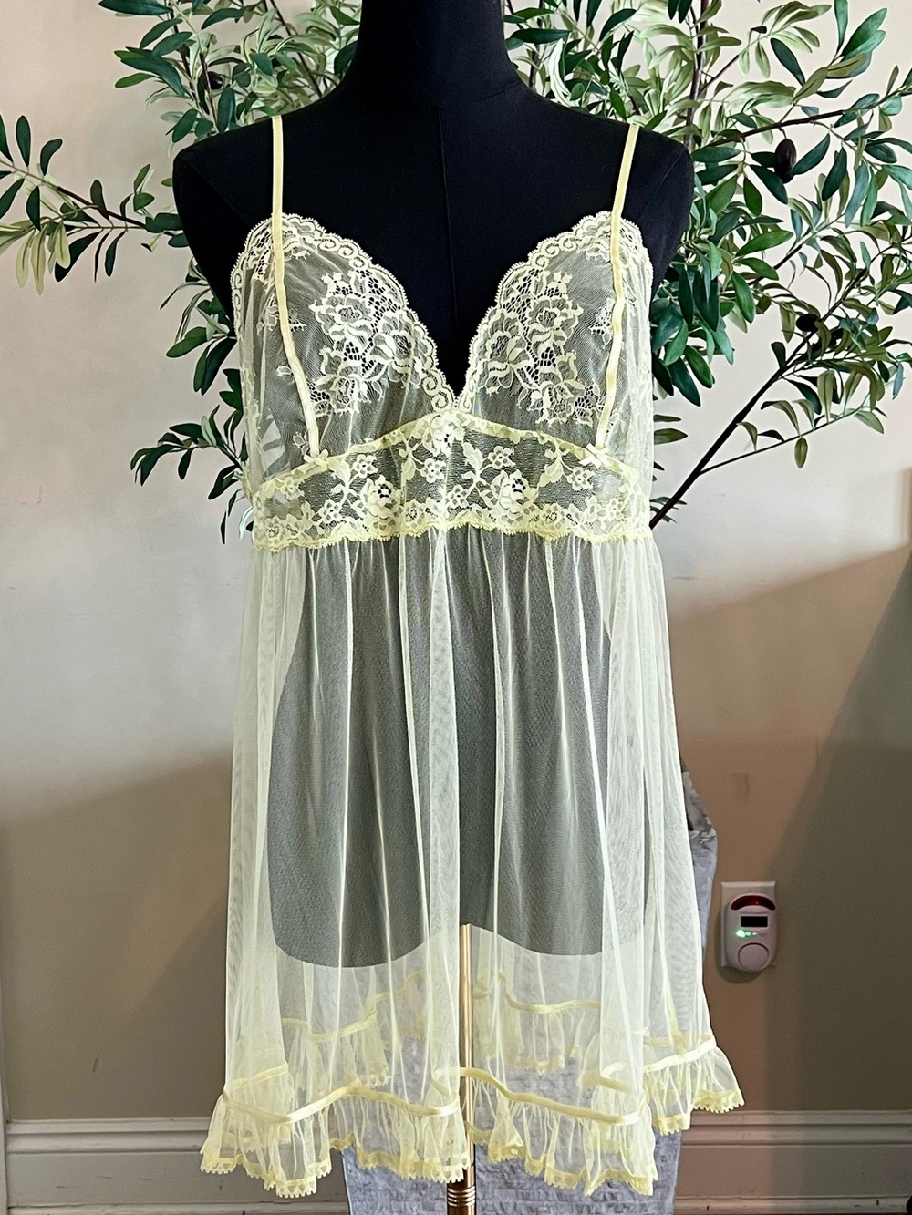Victoria's Secret Sheer Lace Babydoll Chemise in Pale Yellow